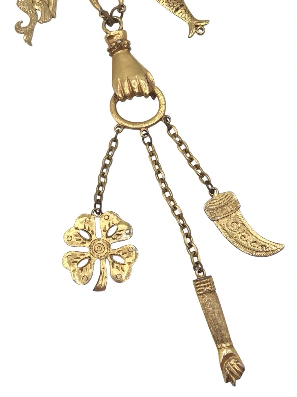 Vintage Gold-tone Hand Charm Talisman Necklace, Fish, Mermaid, Clover